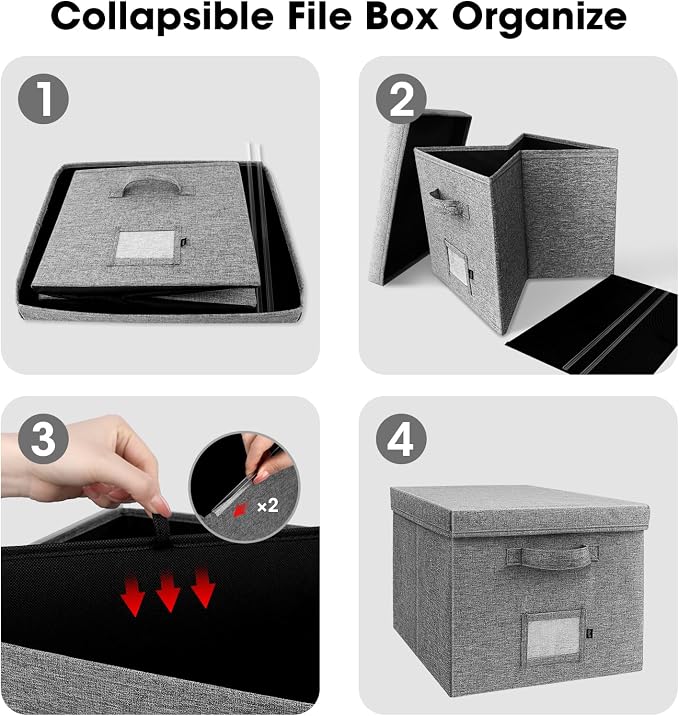 File Organizer Boxes with Lid, Linen Hanging File Storage Boxes with Handle, Collapsible Document Filling Boxes for Letter/Legal Folder, Portable File Box for Office/Decor/Home (2 Pack, Gery)