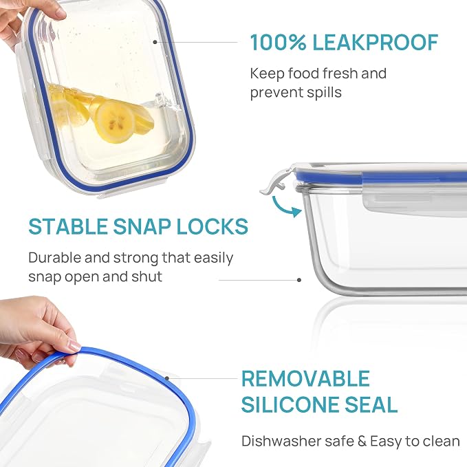 Vtopmart 2Pack 2260ml/76.4oz Extra Large Glass Storage Containers, Blue | Meal Prep Food Container Set with Snap Airtight Lids, Microwave, Oven, Freezer, Dishwasher Safe, Baking, BPA Free