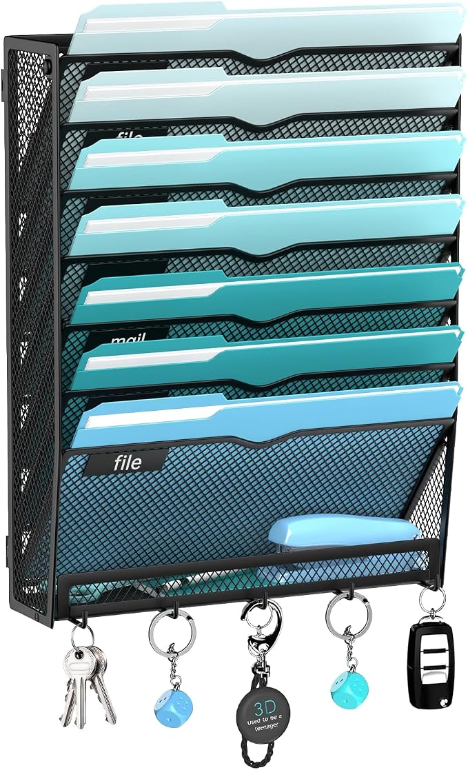 8-Tier Hanging Wall File Organizer with 5 Hooks, Mesh Wall File Holder Vertical Mount Mail Organizer for Papers, Folders, Magazines, Bills, Office and School, Black