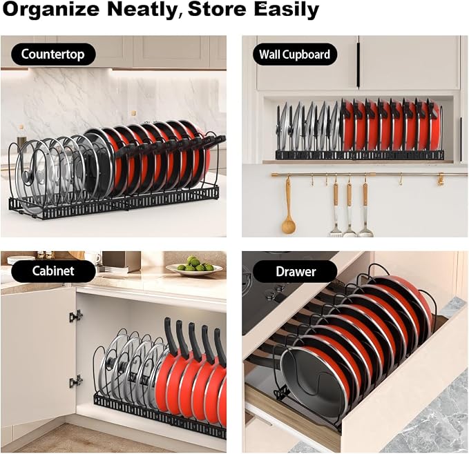 Housolution 2 Pack Pot and Pan Lid Organizer Holder Storage Rack, Black | 12"-23" Expandable, 14 Adjustable Dividers, Sturdy Metal Construction, Easy Assembly