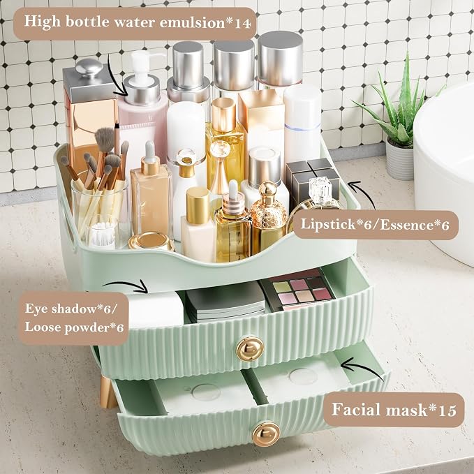 Makeup Organizer Countertop, Large Capacity Skincare Organizer for Vanity | Cosmetics Organizer with Drawes & Handle, Cosmetic Display Cases Storage Box for Dresser, Bathroom, Gifts for Women(Green)