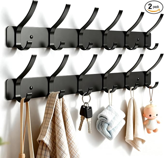 Wall Mounted Coat Rack, 6 Hooks for Hanging Clothes, Black, 2-Pack | Heavy duty rustproof hanger rail for backpacks hats towels, wall hook storage organizer for entryway bathroom mudroom purse