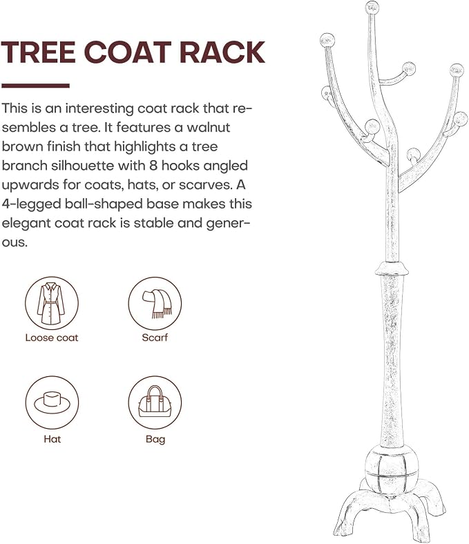 Bekrvio Freestanding Wood Coat Rack with Stable Sphere Base, Wine Red | 8 Hooks Tree Branch Design, Heavy Duty Standing Coat Hanger for Entryway, Hallway, Bedroom, Foyer; Hangs Coats, Hats, Bags