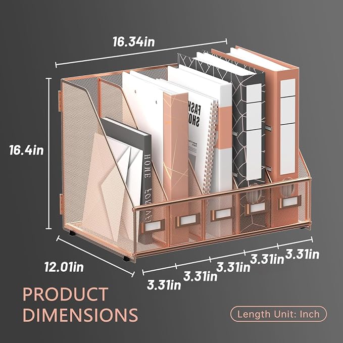 DALTACK 5-Slot Magazine File Holder, Metal Binder Holder, Rose Gold | Iron Mesh Construction, Labeled Sections for Easy Sorting, Anti-Slip Feet, Binder and Folder Storage for Office, Classroom