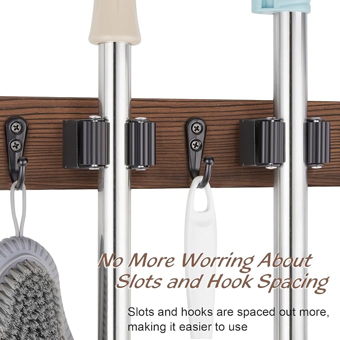 OUTNILI 2 Pack Mop Broom Holder Wall Mount with 3 Slots & 4 Hooks - Rustic Wood Broom Mop Hanger for Pantry Kitchen Organization - Garden Tool Organizer for Closet Laundry Room