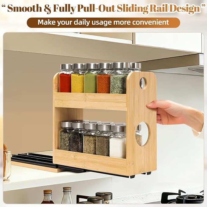 Tfro & Cile 2-Tier Pull Out Spice Rack Organizer for Cabinet Kitchen Pantry | Save Vertical Space, Bamboo Material with Aesthetic Design, Easy to Slide Out and Quick to Assemble