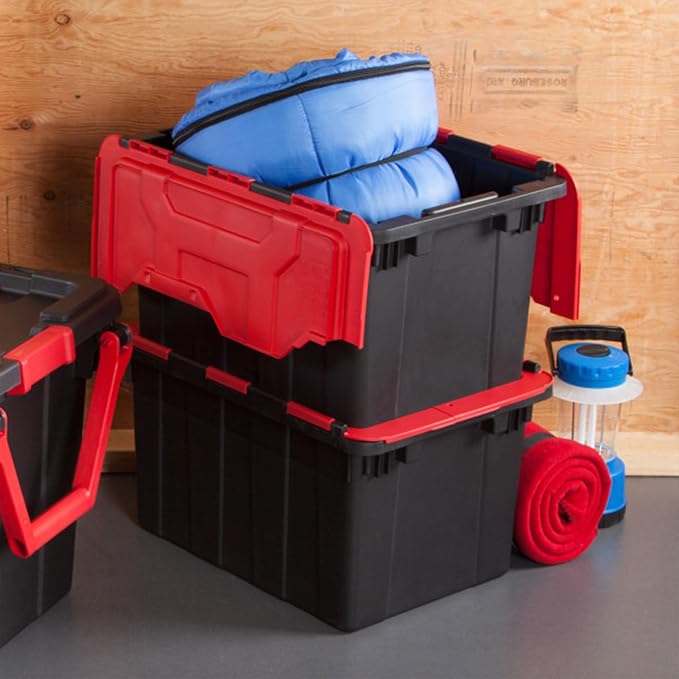 Sterilite Industrial Storage Tote with Lids for Garage, 12 Gallon, 12-Pack | Heavy-Duty and Stackable Utility Box Containers for Home, Office, and Basement Organization, Black/Red