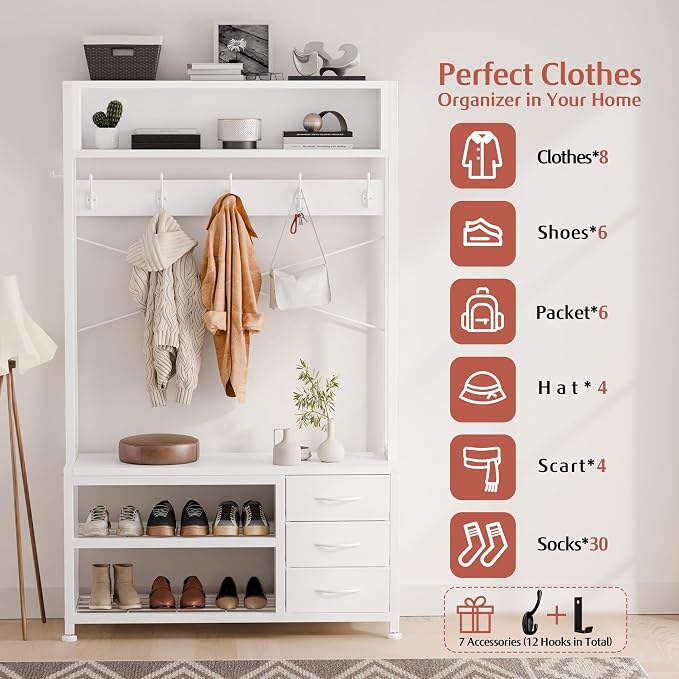 Hall Tree with Bench and 3 Drawers Storage, 31.5" Coat Rack Freestanding | White, 6-in-1, Top Cubby, 12 Coat Hooks, Adjustable Shoe Rack, Sturdy Metal Frame, Entryway Organizer