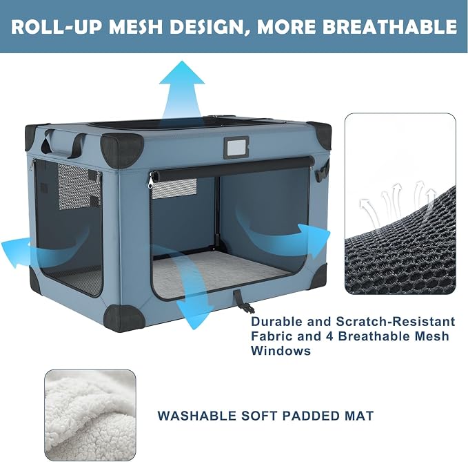 42 Inch Foldable Dog Travel Crate Blue with Sturdy Metal Frame | Chew-Proof Mesh Window,Soft Blanket and Foldable Bowl,Waterproof and Easy to Clean,Portable for Camping,Signature card