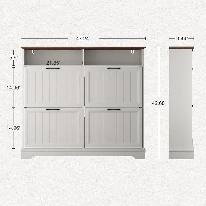 Hidden Shoe Storage Cabinet with 4 Flip Drawers & Open Storage | Farmhouse Modern Shoes Rack Cabinet,Adjustable Shelves ,Narrow Slim Shoe Organizer for Entryway,Foyer,Hallway,Antique White