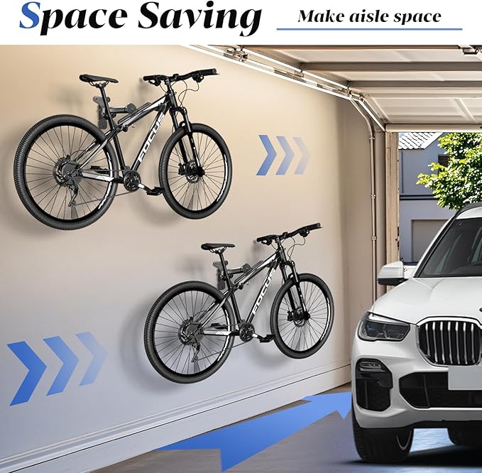 Goovilla Bike Wall Mount Hanger for Mountain/Road/Hybrid Bikes,2Pack Black | Adjustable - Space Saving Horizontal Bicycle Rack | Secure Home Garage Storage with Easy Installation | Cycling Holder Hook