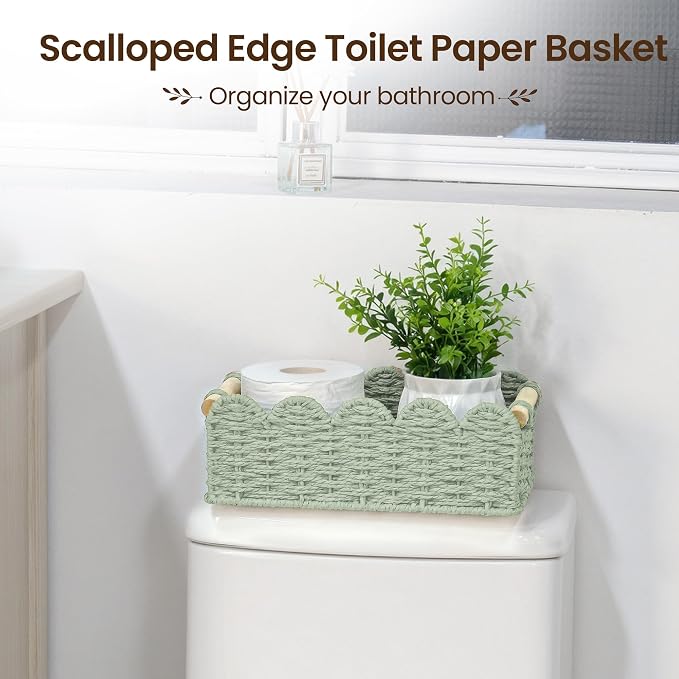 iEGrow Paper Rope Small Storage Baskets for Organizing, Set of 2 Scalloped Edge Wicker Basket with Wooden Handles Toilet Paper Basket for Over Toilet Storage Shelf, Home Decor, Living Room (Green)