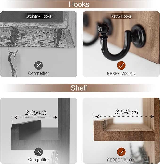 Rebee Vision Key Holder Wall Mount with 5 Key Hooks for Home Decor, Brown | 3.54'' x 10'' x 7.28'', Small Shelf for Display Plant, Key Hangers for Hat, Entryway Space-Saving Storage