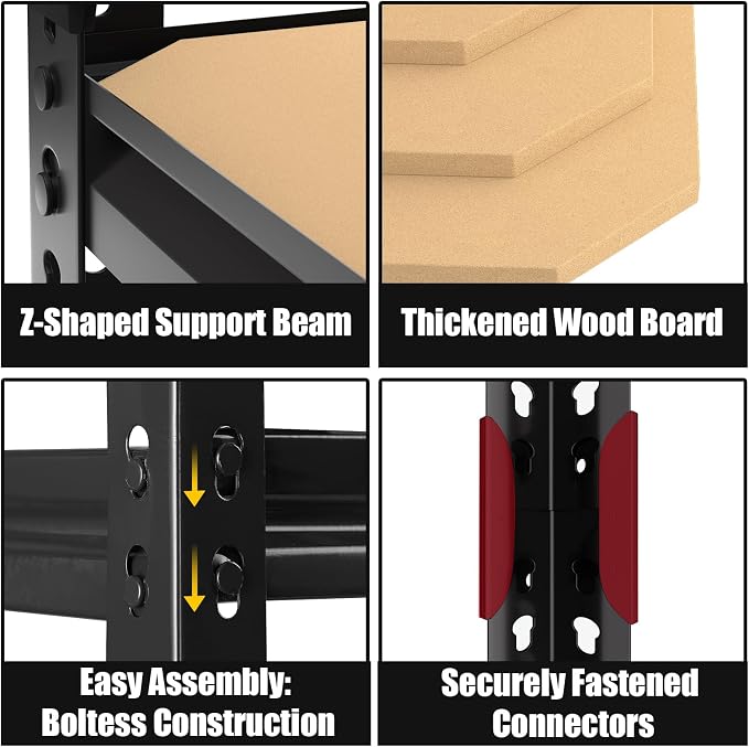 PrimeZone 5-Tier Garage Storage Shelves, Adjustable Metal Shelving, Black | Heavy-Duty Metal Frame & Connectors, FSC MDF Boards, Space-Saving Storage for Garage, Pantry, Closet, 28"W x 12"D x 59"H 5PCS