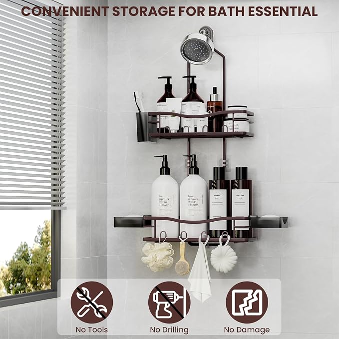 Rustproof Shower Caddy Hanging with Soap Holders for Bathroom, Bronze | Shower Organizer with Multi Hooks Toothbrush Holder, No Drilling, Anti-Swing, Storage for Shampoo Conditioner Body Wash