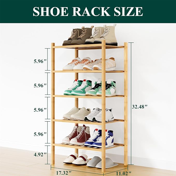 Smiry Bamboo Shoe Rack, 12 Vertical Slats, 5 Tier - 17.3" Wide, Natural | Stackable Free Standing Wooden Shoe Organizer, Wood Shoe Storage Shelf for Closet, Entryway
