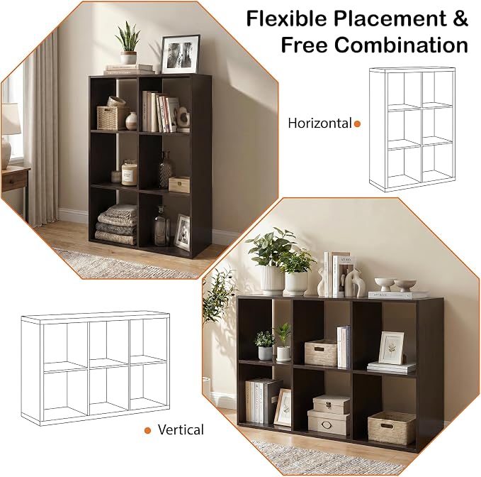 WannabeMyself【Sturdy Build&Easy Assembly】6 Cube Storage Organizer with Anti-Tipping Kits,Reversible Open Back Book Shelf, Bookcase for Living Room,Bedroom,Entrance Hall,Office,24.1×11.4×35.9,Chocolate
