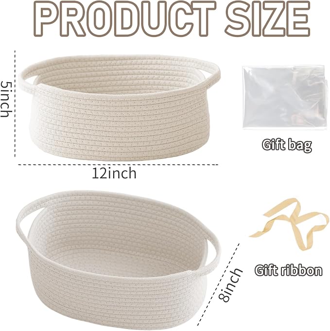 JMvicyroam Small Woven Basket, Empty Gift Basket, White/3 Pack | Small Gift Basket, Cotton Rope, 12 x 8 x 8 in, Handles, Includes Ribbon and Bag, Birthday Gift Basket