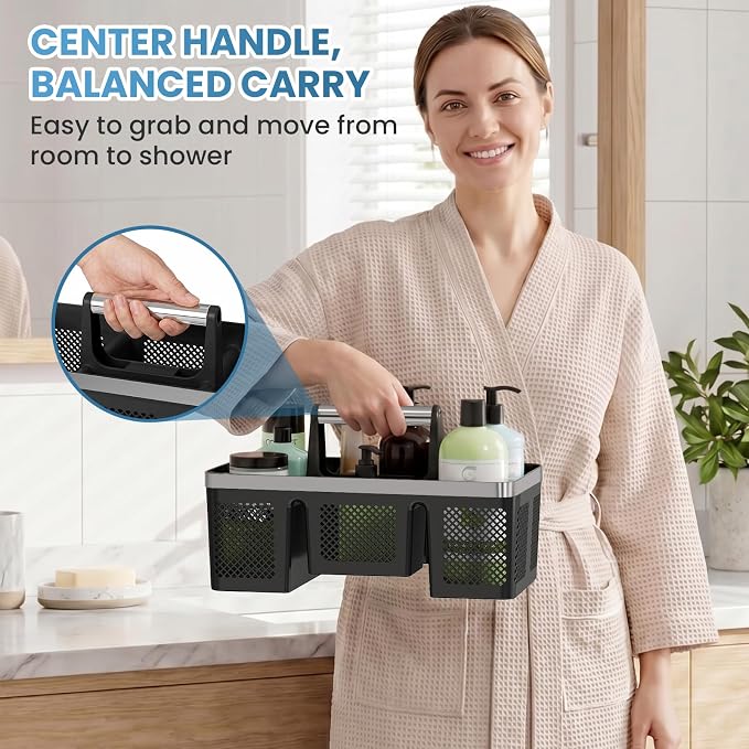 BYUNER 2Pack Plastic Shower Caddy: Portable Hard Bathroom Basket Tote with Handle, 4 Divided Compartments, All-Side Drainage, Non-Mesh Shower & Cleaning Caddy Organizer for College Dorm, Black/Silver