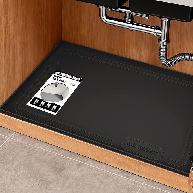 Under Sink Mat 28 X 19, Waterproof Silicone Cabinet Kitchen Liner, Black | BPA-Free Raised-Edge Cabinet Protector & Leak Tray for Bathroom Cabinets, Boots, Pet Feeding Dog & Cat Mats, Dishwasher Safe
