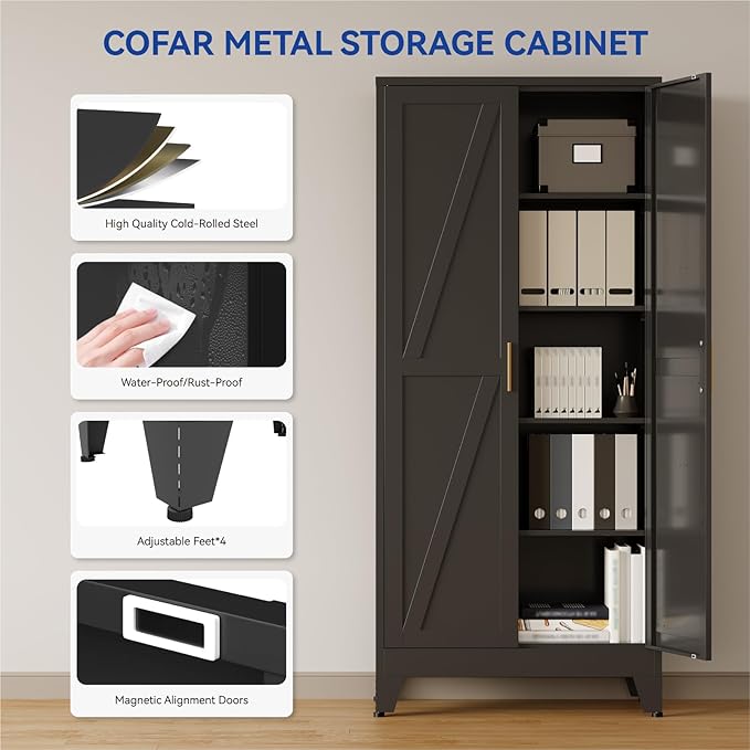 COFaR 71'' Tall Metal Storage Cabinet, Farmhouse Kitchen Pantry Cabinet with Doors and 4 Adjustable Shelves, Black Metal Cabinets for Garage, Kitchen, Bathroom, Laundry, 5-Tier