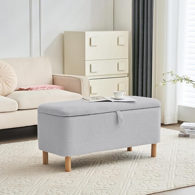 Boucle Storage Ottoman Bench for Bedroom end of Bed, Sherpa Upholstered Shoe Seat Storage Bench for Entryway Bed Foot, Rectangle Cushion Padded Blanket Chest Cute for Living Room, Grey