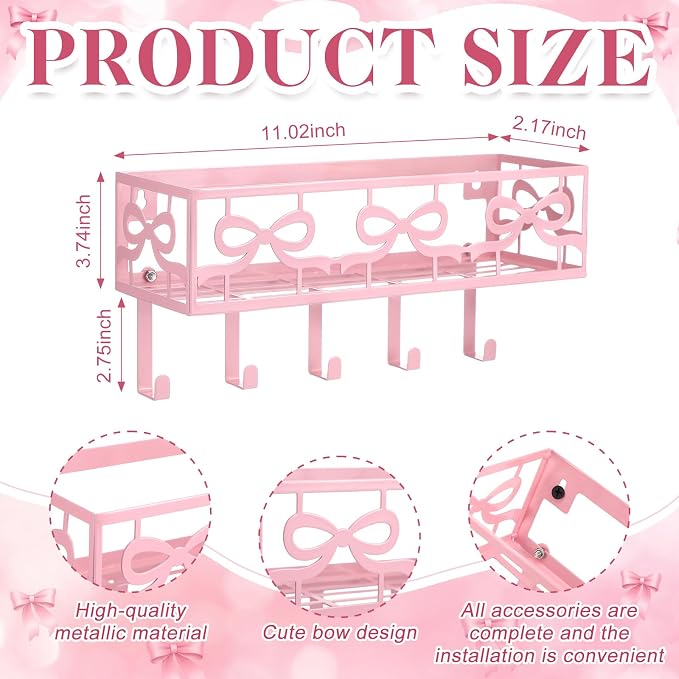 Hicarer Pink Bow Key Holder Wall Mount with Basket and 5 Hooks Decorative Cute Coquette Bow Hooks Hanger Pink Key and Mail Organizer Coquettish Preppy Decor for Entryway Home Apartment Dormitory
