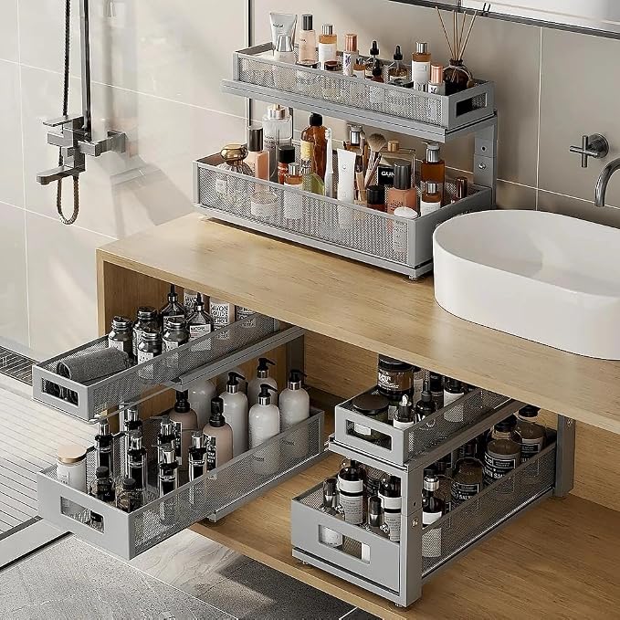 2 Pack 21.3IN-Depth Under Sink Organizer with Next-Gen Ball-Bearing Slides,2-Tier Pull Out Cabinet Storage,Height Adjustable Drawer Shelf for Bathroom,Kitchen,Laundry,Cabinet,Pantry-Gun Gray