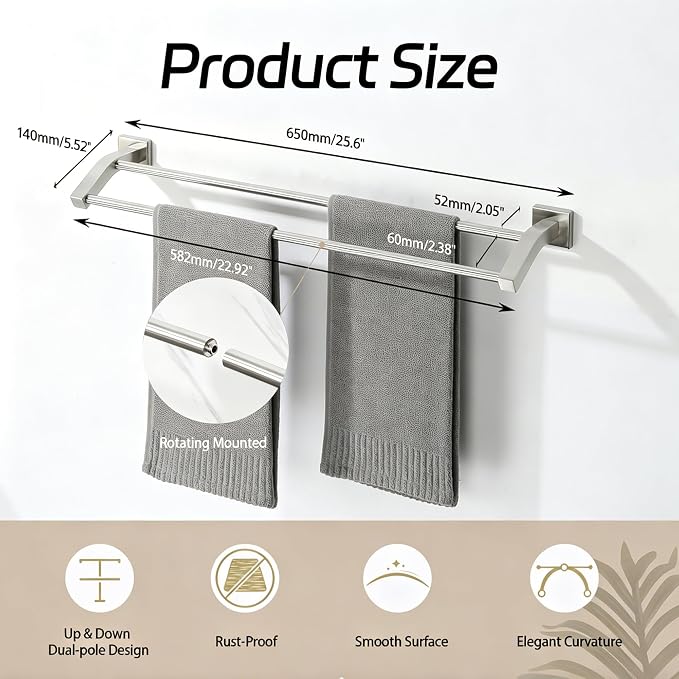 Alise Double Towel Bar, 24" Towel Rack for Bathroom Wall, Brushed Nickel | SUS304 Stainless Steel Bathroom Towel Holder, Quick Drying Towel Hanger Towel Rod, Useable Length 22.9"