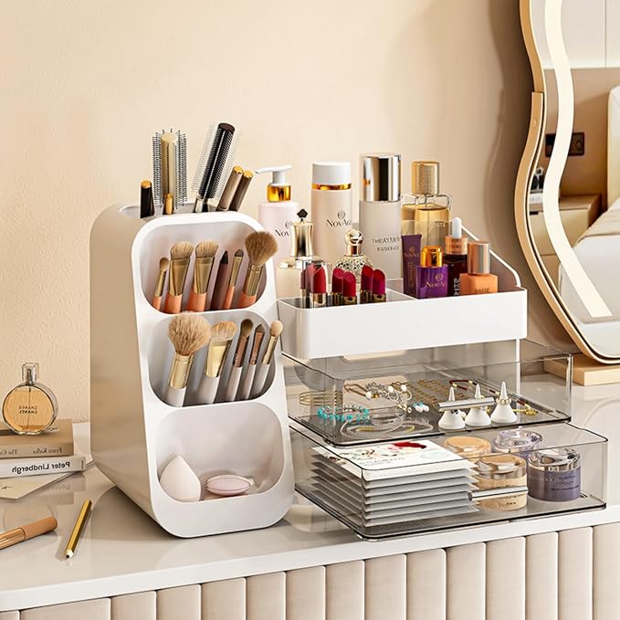 Booklov Large Makeup Organizer for Vanity Countertop, Pink | Clear Acrylic Cosmetic Display Case, Beauty Brush Holder for Bathroom Counter, Make Up Skincare Lipsticks Storage
