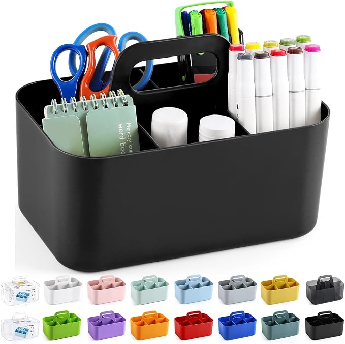 Multiuse Caddy Organizer with Handle, Portable Divided Plastic Tote Bin - Art Craft, Stationary Pen Marker Crayons, Makeup Hair Supplies Storage - Bathroom, Classroom, Dorm, Office, Desk Holder -Black