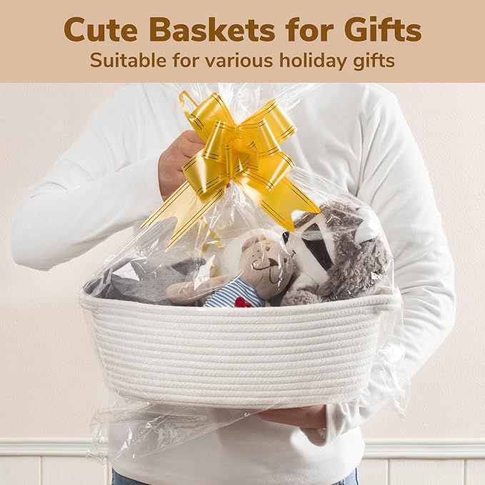 Goodpick Small Woven Rope Gift Basket Empty, 12"x 8"x 5" Boo Basket, White | Baby Basket for Baby Showers Toys, Fits Living Room Nursery Bedroom Organization, Dog Toy Storage, with Durable Handles