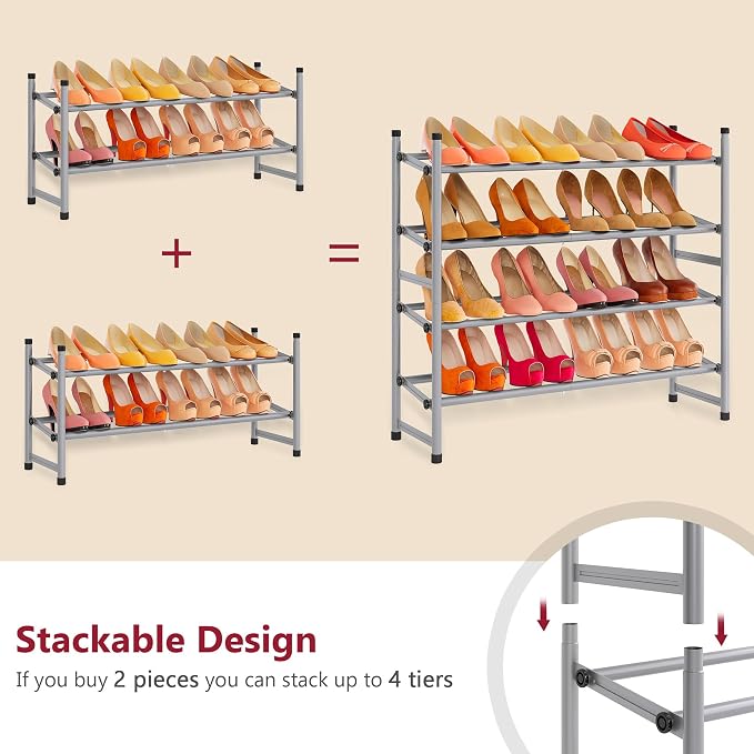 Expandable Shoe Rack for Closet 2 Tier, 28“-41“Stackable, Grey | Adjustable Shoe Organizer Closet Shoe Rack Floor, Metal Shoe Shelf Storage for Entryway, Closet, Garage, Front Door Entrance