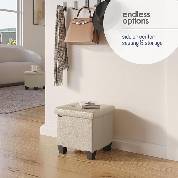 Storage Ottoman Cube with Small Bin, 15-in Square Ottoman with Storage for Living Room and Bedroom, Small Ottomans Foot Rest, Leather Foot Stools Ottomans Max 330lbs, Beige