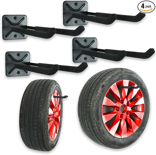 Heavy Duty Garage Tires Hooks Wall Mounted Hanger Tool Organizer Rack Hardware Steel Metal Multi-Tools Storage Utility Hooks with Screws and Anchors(4, Black)