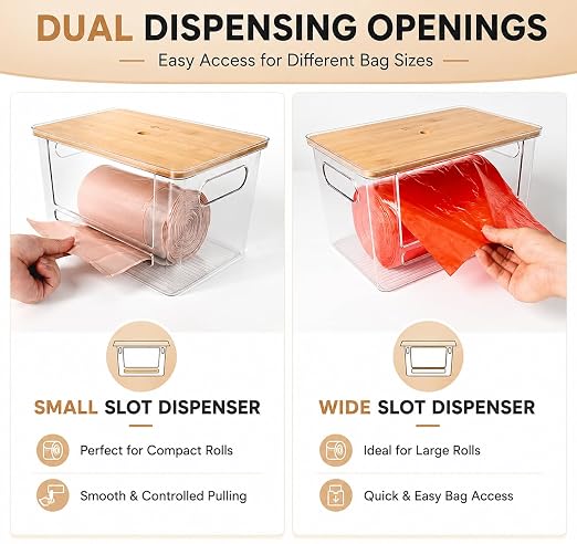 Stackable Trash Bag Dispenser with Wooden Top for Holding 13/30/33-Gallon Large Bag Sizes – Extra-Large Garbage Bag Holder with Anti-Slip Base, Trash Bag Dispenser Under Sink (11.5"x7.5"x7")