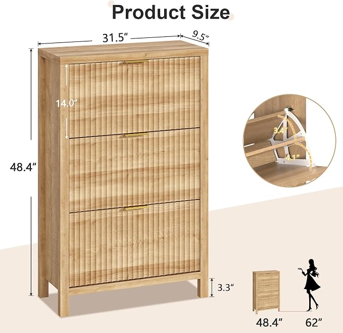32" Fluted Shoe Cabinet Storage with 3 Flip Drawers for Entryway, Hallway | Hidden Shoe Rack Slim Freestanding Shoe Organizer with Legs for Hallway, Living Room, Oak
