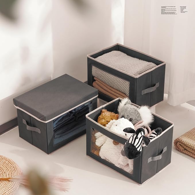 Homsorout Stackable Storage Bins with Lids - Medium Storage Box with Lids, Foldable Closet Boxes for Organizing, Wardrobe Clothes Organizer with Window, Cubes Bins for Living Room, 5 Pack, Dark Grey
