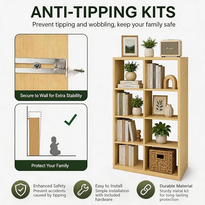CTESNE【Wooden Thick Frame 8 Cube Storage Organizer Shelf with Anti-Tipping Kits + Reversible Open Back Bookcase, Horizontal and Vertical Dual-use Standing Bookshelf（Oak,13inch）