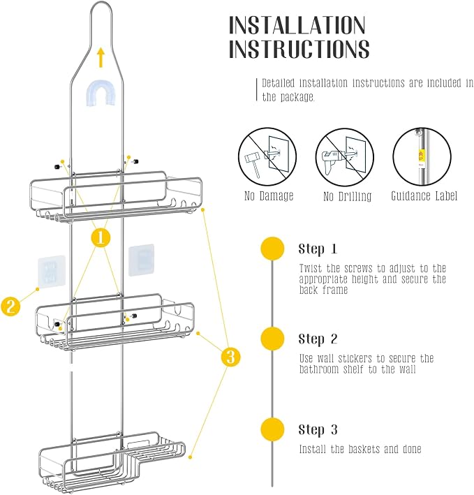 Skyapex Shower Caddy Hanging Bathroom Organizer: Over Head Adjustable Rack for Tall Showerhead - Extra Large Storage Shelf for Big Shampoo Bottles with Soap Holder