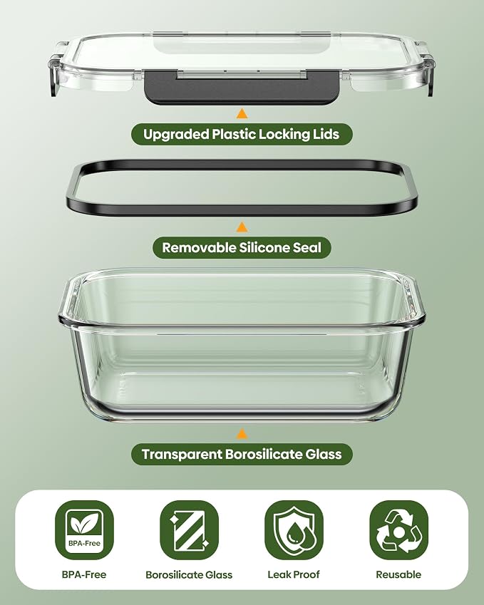 KEMETHY 40 PCS Glass Food Storage Containers with Lids | Borosilicate Glass Meal Prep Containers, BPA-Free, Leak Proof, Reusable, Microwave/Dishwasher Safe, 20 Container & 20 Lid