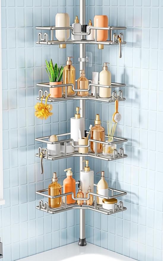 HAMITOR Corner Shower Shelves, 4-Tier Metal Tension Pole Caddy, Silver Gray | Rustproof Bathtub Organizer, No Drilling Standing Bathroom Storage, Apartment Essentials For Renters, 47.7-123.6in Adjustable
