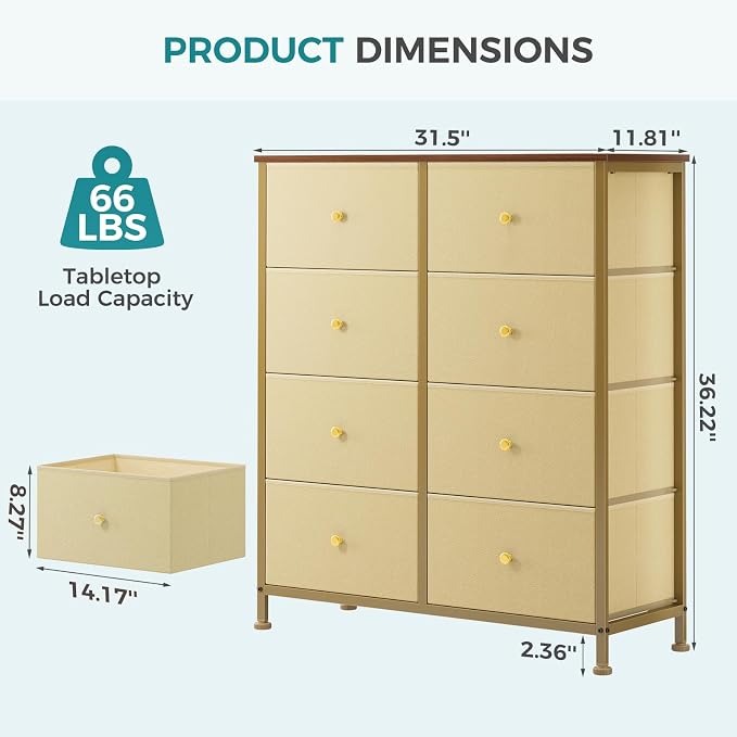 OLIXIS 8 Drawer Storage Dresser for Bedroom, Closet Organizers Units, Khaki | Fabric Dresser with Wooden Top, Chest of Drawers Clothes Storage, Tower Cabinet, TV Stand Furniture