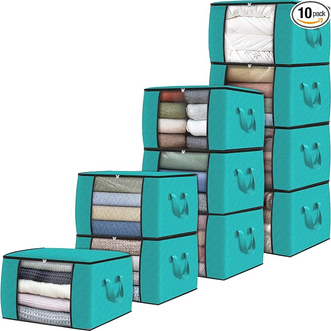 Fab totes Storage Bags,Clothes Blanket Storage Bins Foldable Closet Organizers with Reinforced Handle for Home Dorm Storage and Organization,Fabric Bags for Organizing Sheets,Clothing (Green,10 Pack)