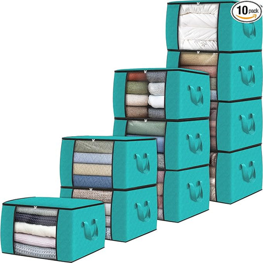 Fab totes Storage Bags,Clothes Blanket Storage Bins Foldable Closet Organizers with Reinforced Handle for Home Dorm Storage and Organization,Fabric Bags for Organizing Sheets,Clothing (Green,10 Pack)