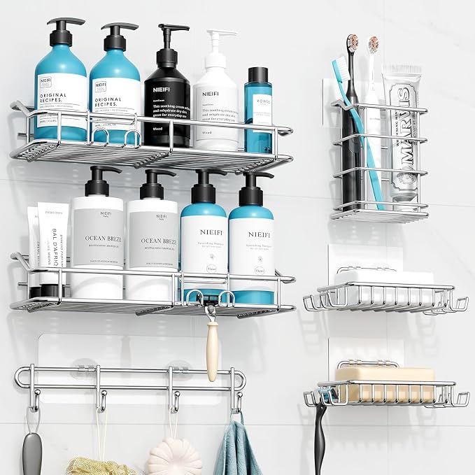 Nieifi Shower Caddy Shelf with Hooks Storage Rack Organizer Adhesive Stainless Steel without Drilling for Bathroom, Lavatory, Washroom, Restroom, Shower, Toilet, Kitchen (Sliver, 6 Pack)