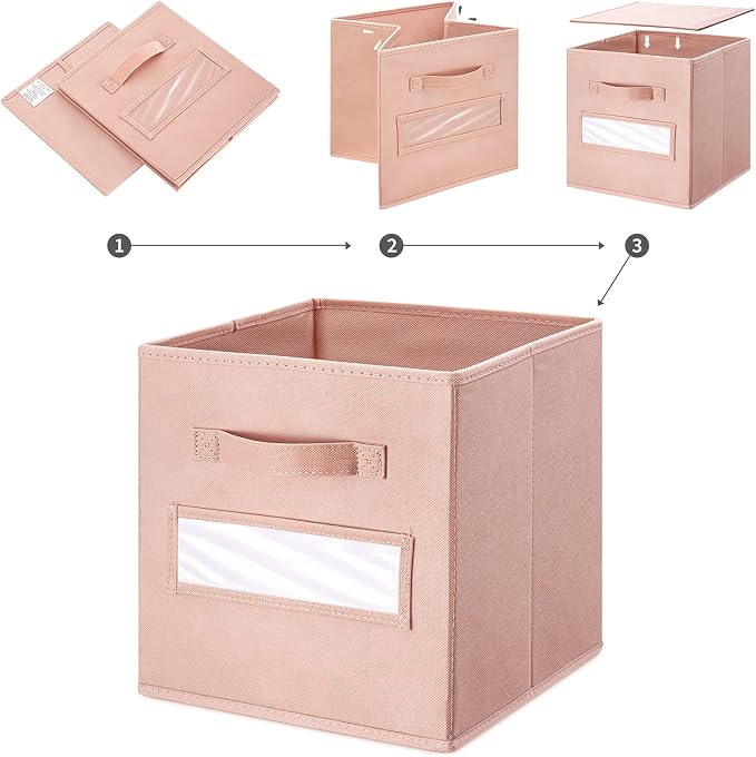 11 Inch Storage Cube,Storage bin,cube storage (Set of 10) Foldable Fabric Cube Storage Bins with 10 Labels Window Cards & a Pen,Baskets Containers for Shelves,Closet Organizers Box,Pink