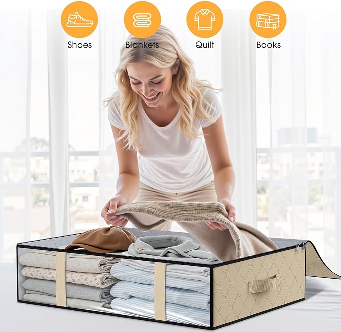 StorageRight Under Bed Storage Bags, 4 Pack, 40L, Beige | Breathable Non-Woven Fabric with a Clear Window and Zippered Top for Clothes, Comforters, Blankets and Seasonal Storage