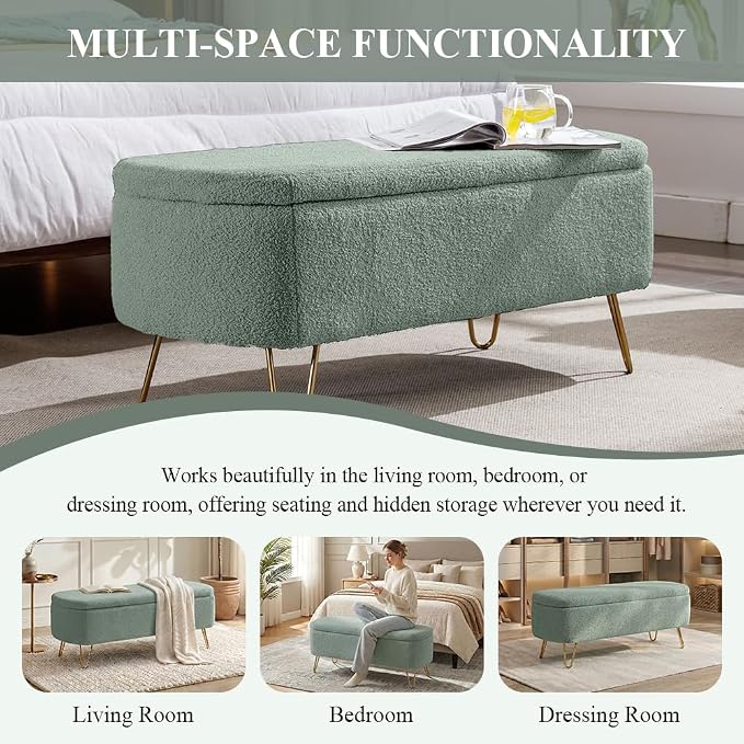 Modern Storage Ottoman Bench, Teddy Upholstered Entryway Bench with Gold Legs, Vintage End of Bed Bench with Safety Hinge, Padded Bench with Storage for Living Room, Bedroom, Entryway (Green)