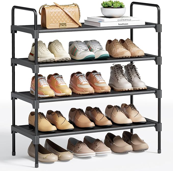 Kitsure Shoe Rack for Closet, 26.6" Wide - 4 Tiers, Black | Shoe Organizer for Front Door Entrance, Stackable Shoe Shelf, Closet Organizers and Storage